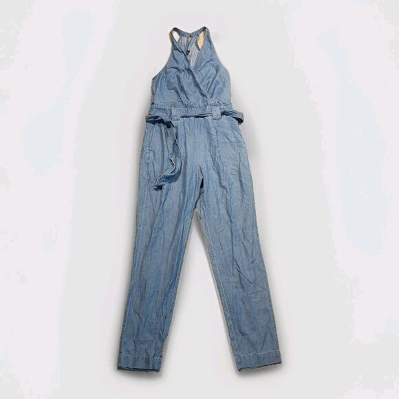 Express Denim Chambray Jumpsuit Womens 0 Wrap Sleeveless Halter Belted - Picture 1 of 8